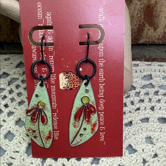 retro Green and Red flower Enamel Earrings